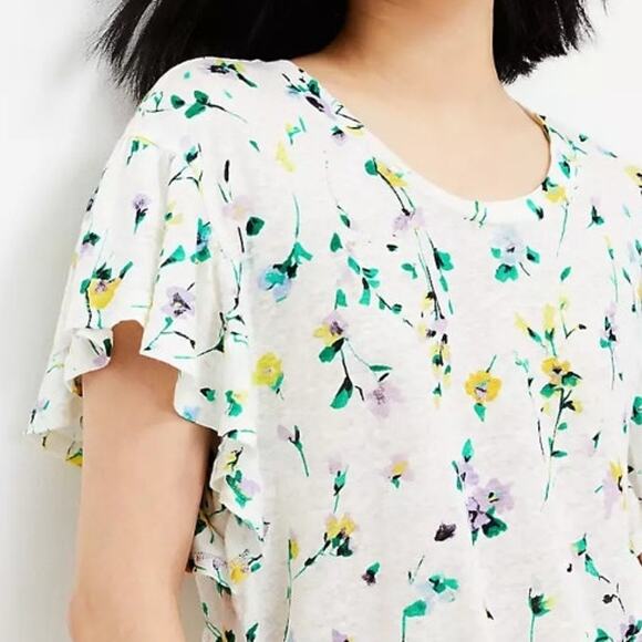 LOFT Floral Linen Flutter Wedge Tee Womens Medium White Multicolor Casual Top - Picture 4 of 10